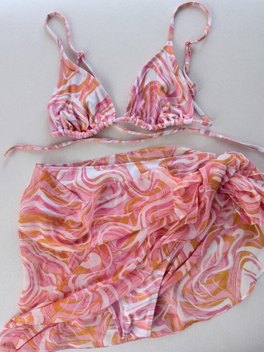 Pink and Orange Swirl Triangle Bikini Set with Sarong